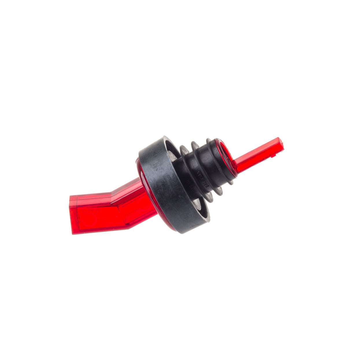 A close-up of a red plastic screen pourer with a black rubber stopper and ribbed collar, designed to fit into a bottle neck. The BPA free pourer is photographed against a plain white background.