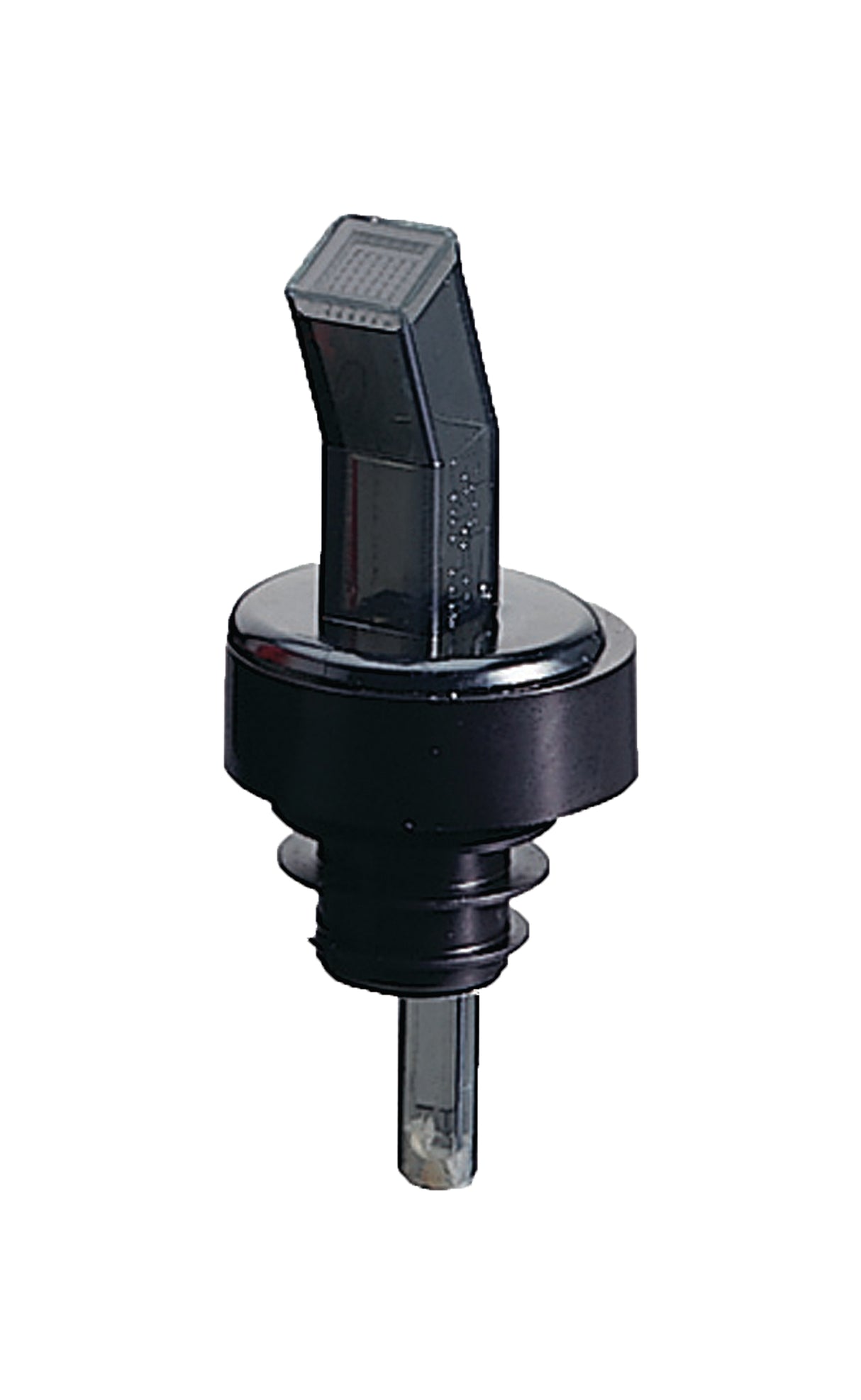 A close-up of a black and clear BPA free plastic liquor bottle screen pourer with a spout and ribbed stopper base, isolated on a white background. The device is designed to control the flow of liquid when pouring.