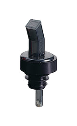 A close-up of a black and clear BPA free plastic liquor bottle screen pourer with a spout and ribbed stopper base, isolated on a white background. The device is designed to control the flow of liquid when pouring.