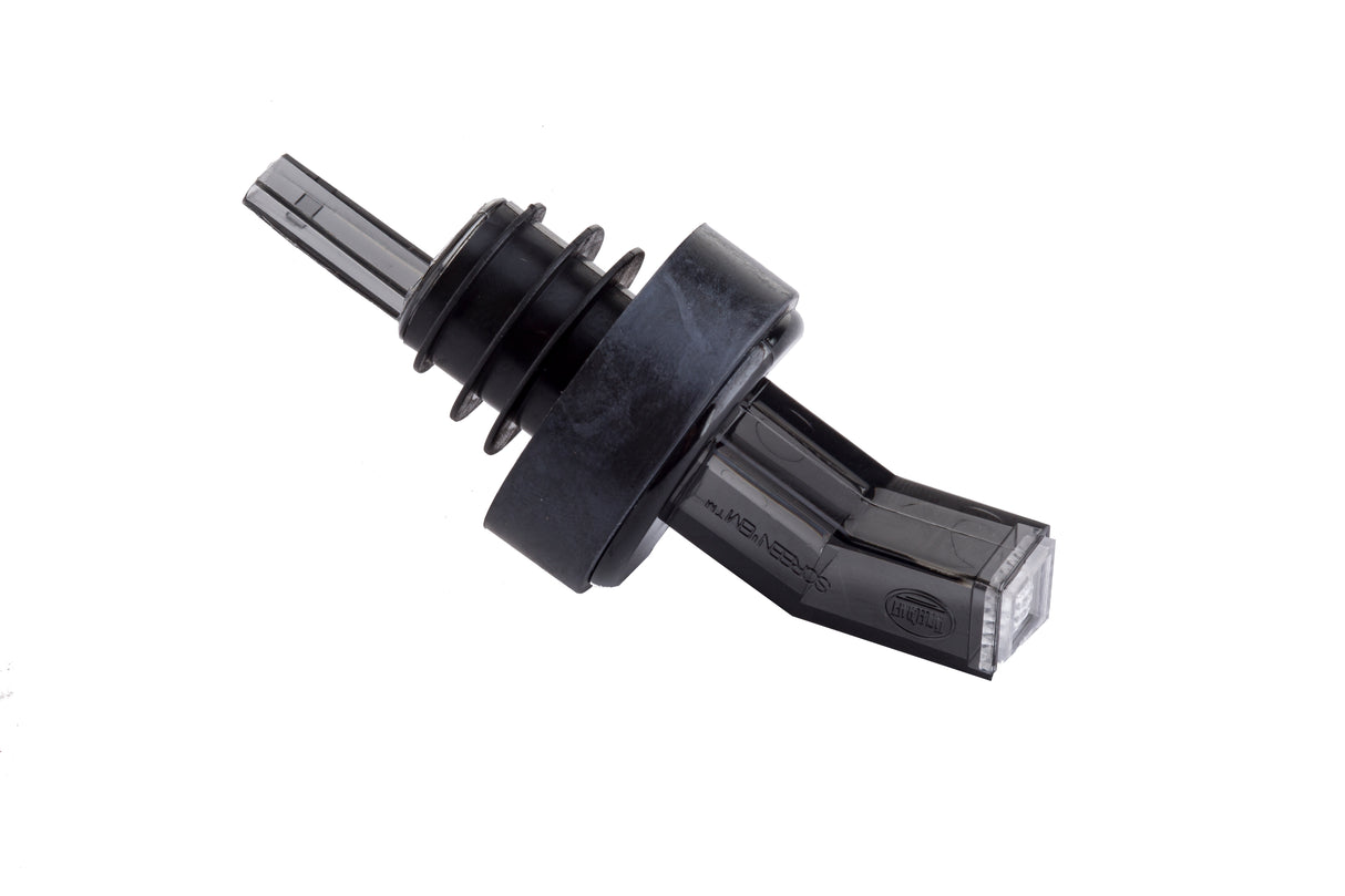 A black plastic liquid bottle pourer with a ribbed collar and sanitary spout, photographed against a white background. The pourer has measurement markings and is angled, showing detail on its transparent, square-edged nozzle.