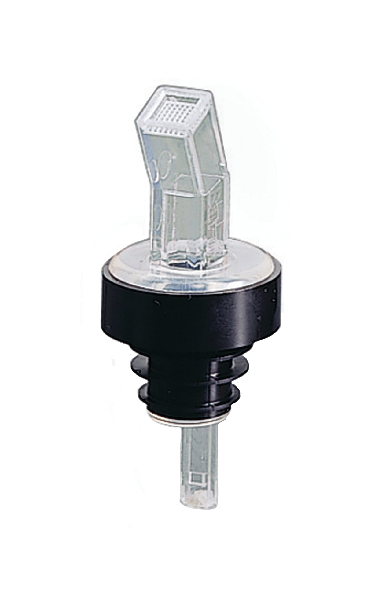 A clear plastic screen pourer liquor bottle spout with a black rubber stopper and long, narrow stem, designed to control liquid flow. This BPA free sanitary spout features a transparent angled top and circular base against a white background.