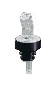 A clear plastic screen pourer liquor bottle spout with a black rubber stopper and long, narrow stem, designed to control liquid flow. This BPA free sanitary spout features a transparent angled top and circular base against a white background.