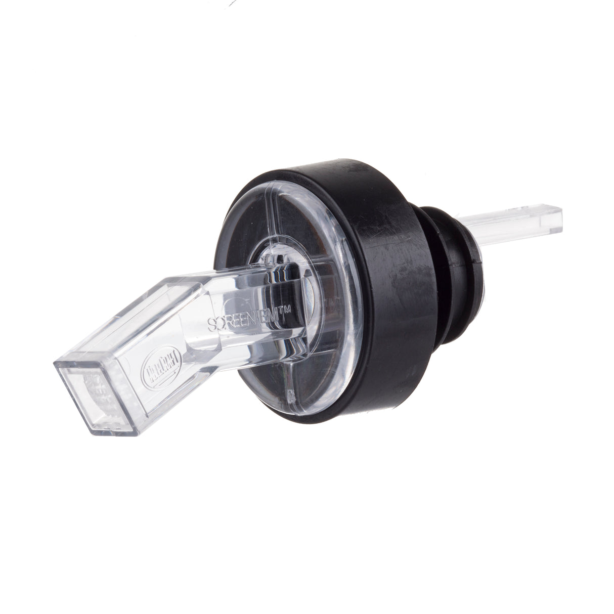 A clear plastic screen pourer with an angled spout and a black rubber stopper, designed to fit inside a bottle neck. The cylindrical center section and rectangular, BPA free transparent spout offer controlled, sanitary pouring.