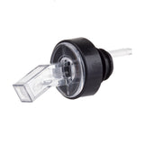 A clear plastic screen pourer with an angled spout and a black rubber stopper, designed to fit inside a bottle neck. The cylindrical center section and rectangular, BPA free transparent spout offer controlled, sanitary pouring.