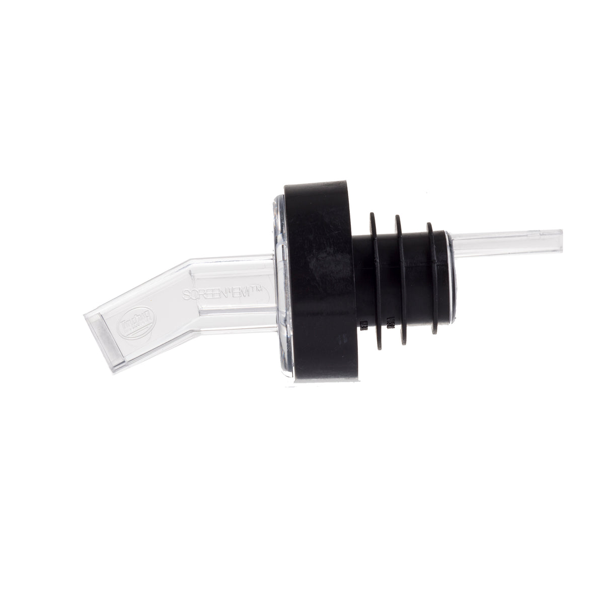 A clear plastic, BPA free liquor pour spout with a black rubber stopper, designed to fit bottle necks. The angled sanitary spout ensures controlled pouring, while ridged rubber creates a secure fit and prevents leaks. White background.