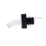 A clear plastic, BPA free liquor pour spout with a black rubber stopper, designed to fit bottle necks. The angled sanitary spout ensures controlled pouring, while ridged rubber creates a secure fit and prevents leaks. White background.