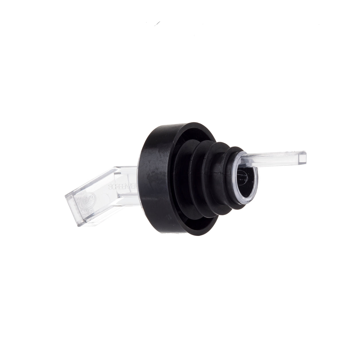 A clear plastic screen pourer with a black rubber stopper, designed for bottles. This BPA free, angled spout is ribbed for a secure fit and features a sanitary spout, ensuring smooth, safe pouring. Photographed on a white background.