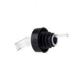 A clear plastic screen pourer with a black rubber stopper, designed for bottles. This BPA free, angled spout is ribbed for a secure fit and features a sanitary spout, ensuring smooth, safe pouring. Photographed on a white background.