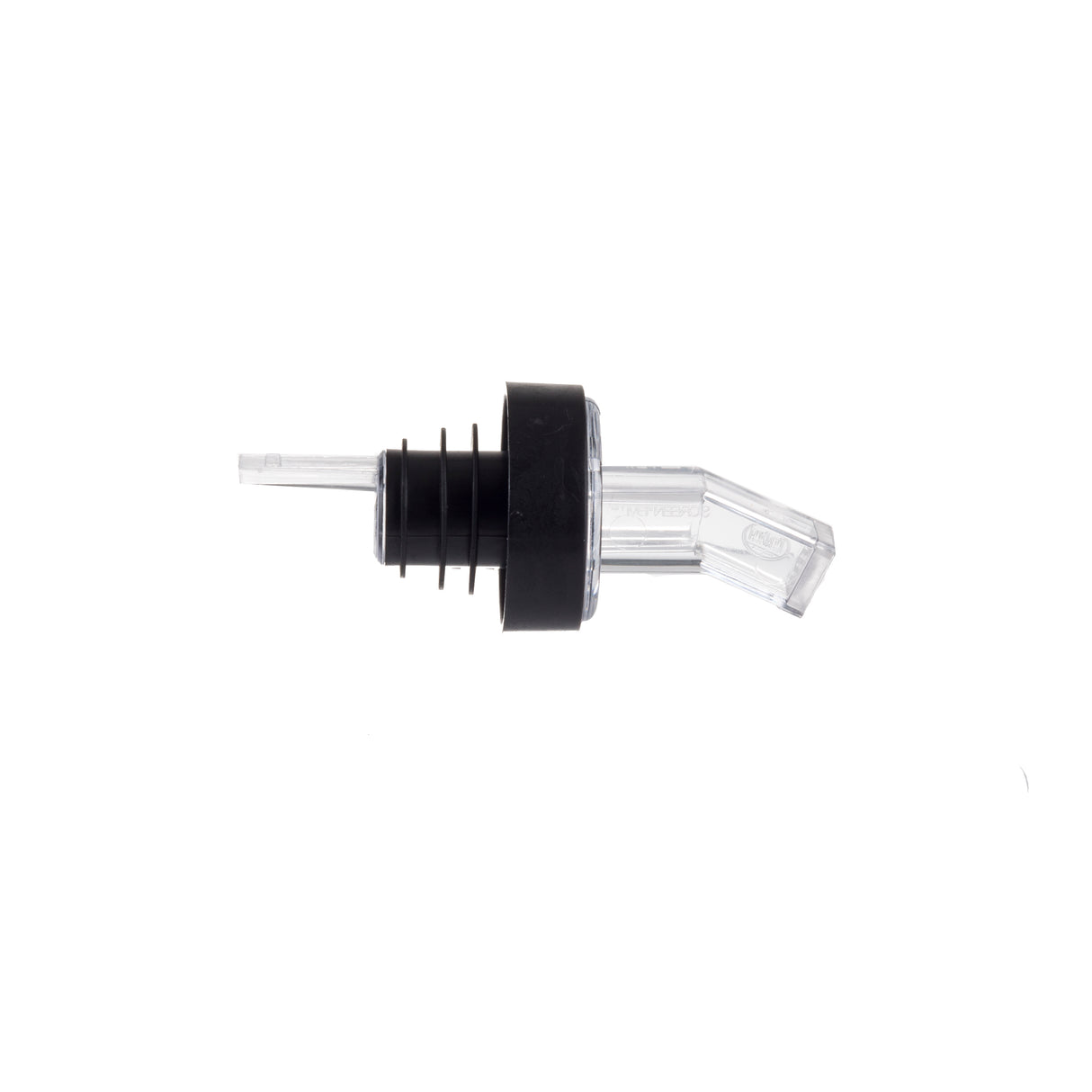 A BPA free screen pourer with a short spout and black ribbed collar, designed to fit into a bottle neck for easy, controlled pouring. The image is on a white background with the pourer shown in a side profile.