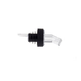 A BPA free screen pourer with a short spout and black ribbed collar, designed to fit into a bottle neck for easy, controlled pouring. The image is on a white background with the pourer shown in a side profile.