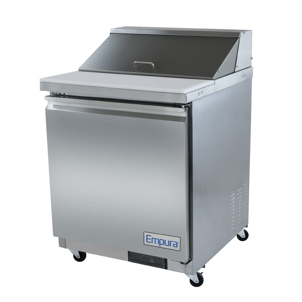 A stainless steel Empura Refrigeration sandwich prep table with a top workstation, closed lid, front door, and four caster wheels. The Empura label is visible on the unit’s bottom front.