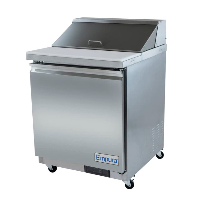 A stainless steel Empura Refrigeration sandwich prep table with a top workstation, closed lid, front door, and four caster wheels. The Empura label is visible on the unit’s bottom front.