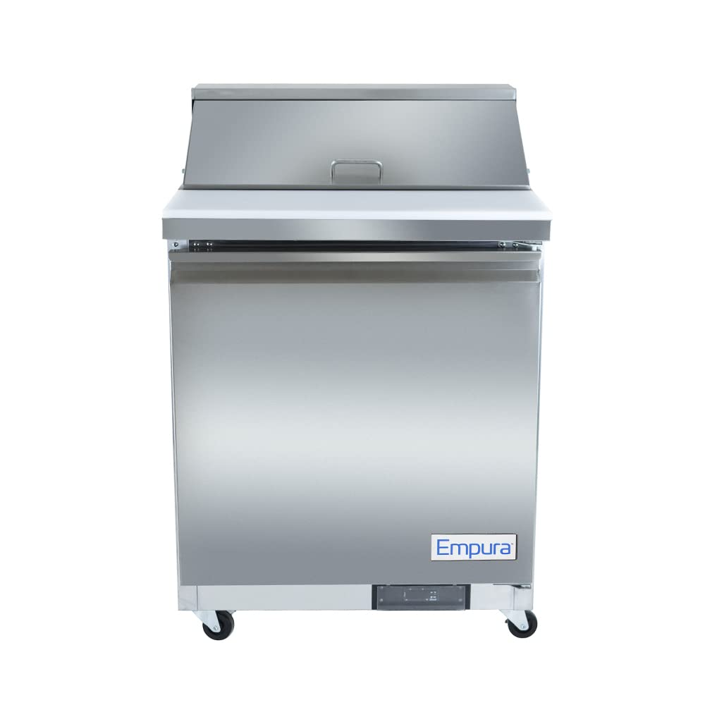 The Empura Refrigeration stainless steel commercial refrigerator features a top lid, front door, bottom control panel, and four caster wheels. Sleek and functional, its ideal as a Refrigerated Sandwich Prep Table for busy restaurant kitchens.