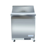 The Empura Refrigeration stainless steel commercial refrigerator features a top lid, front door, bottom control panel, and four caster wheels. Sleek and functional, its ideal as a Refrigerated Sandwich Prep Table for busy restaurant kitchens.