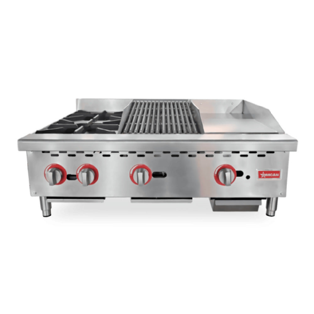 Omcan 48086 (CE-CN-12H12C12G) Hotplate/Griddle/Char-Broiler Combination Countertop