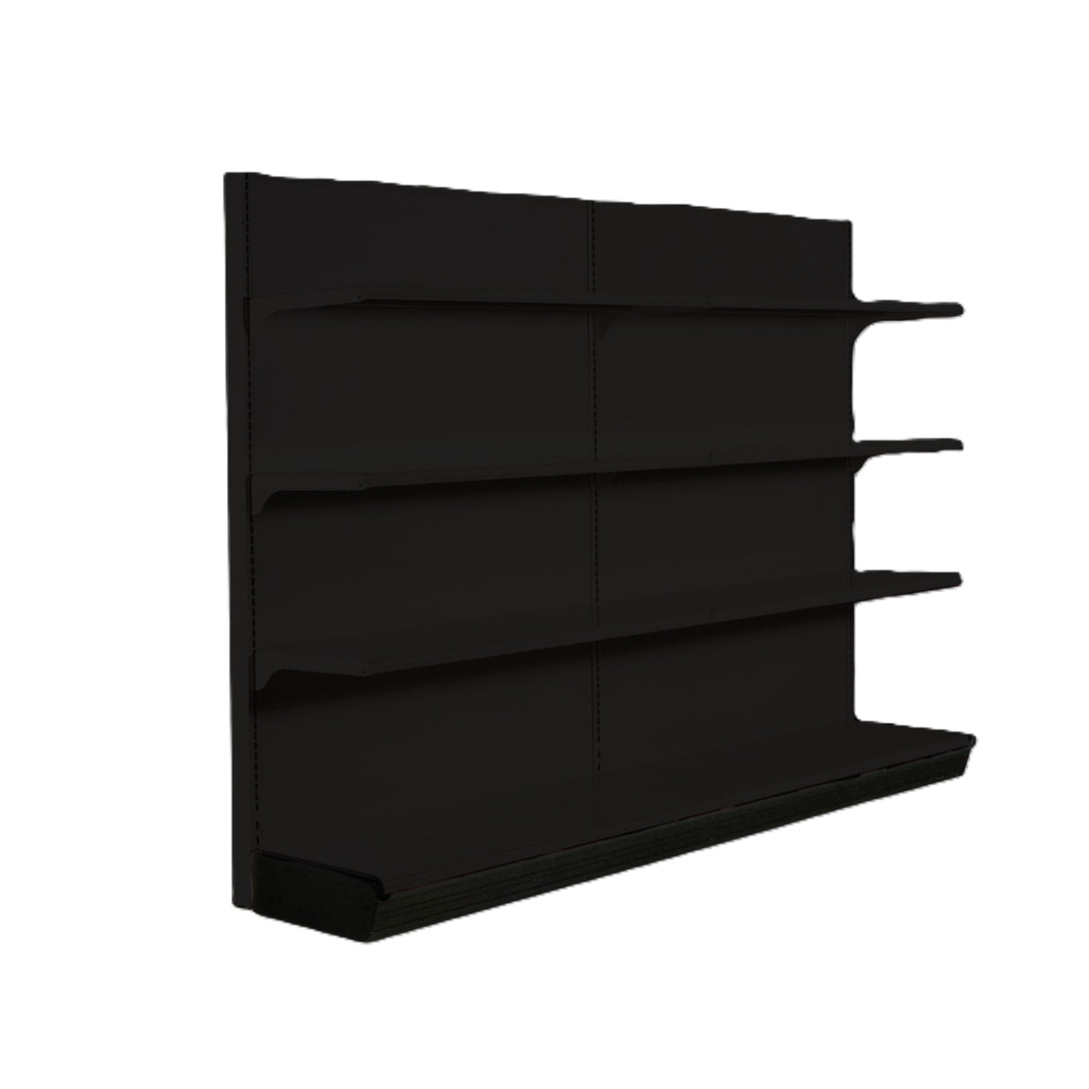 A black wall shelf with four long, horizontal shelves and a deeper bottom section. This wall shelving unit is evenly spaced against a white background, highlighting its minimalist, modern design.