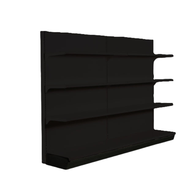 A black wall shelf with four long, horizontal shelves and a deeper bottom section. This wall shelving unit is evenly spaced against a white background, highlighting its minimalist, modern design.