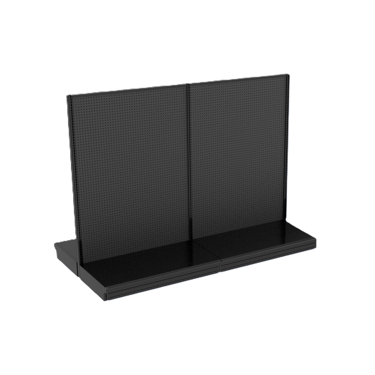 A black metal gondola retail display with a double-sided pegboard back and two wide, flat shelves at the bottom. The shelf unit is empty and isolated on a white background, highlighting its simple, functional store shelving design.