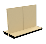 A beige metal Kent Unlimited retail shelving gondola features two perforated pegboard back panels, a flat base shelf at the bottom, and black kickplates along the base. The empty unit is set against a plain white background.