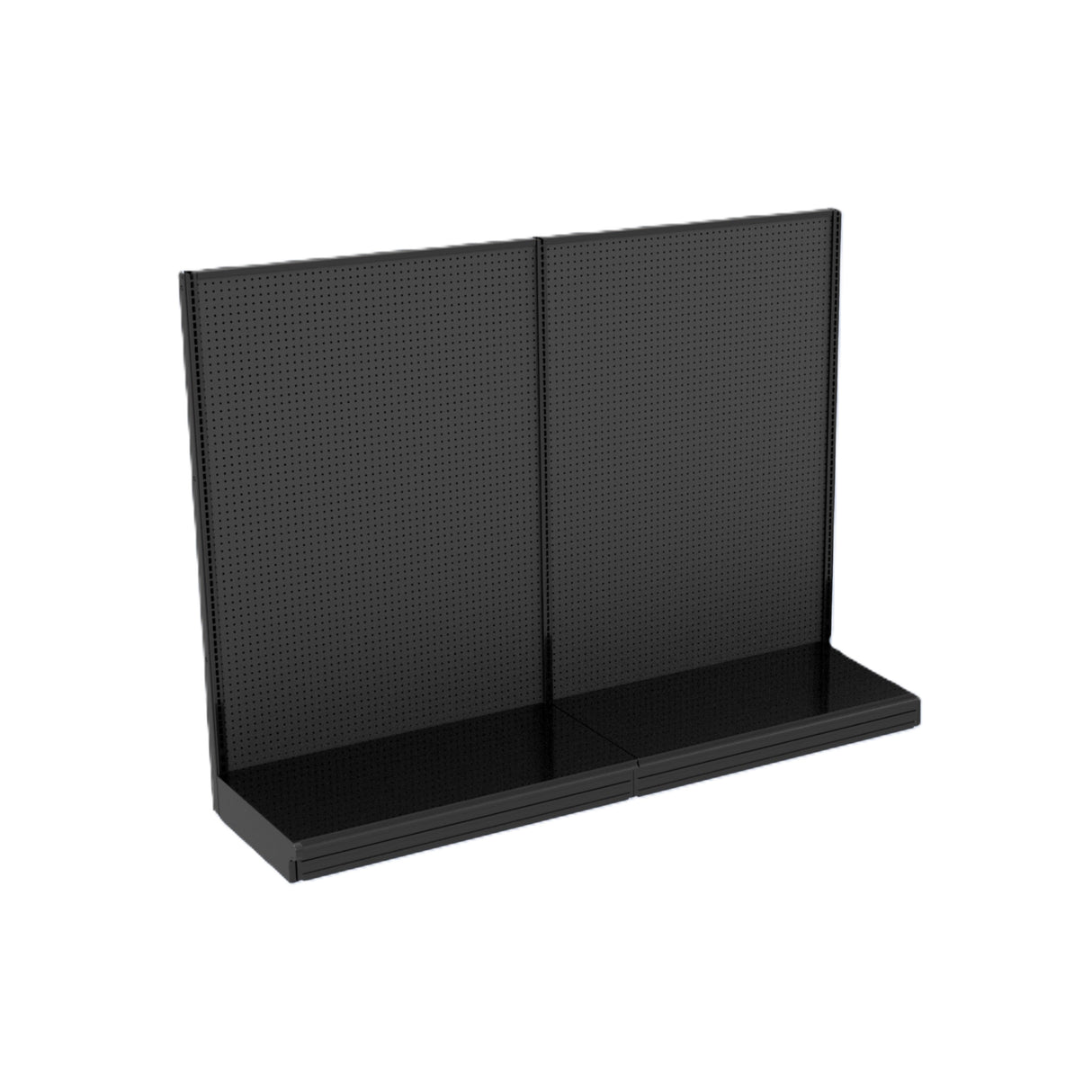 A black metal retail display shelving unit from Kent Unlimited (WL0815078) features two connected pegboard panels and two bottom shelves, ideal for versatile wall storage. Minimalist design is shown on a white background, with no items or hooks included.