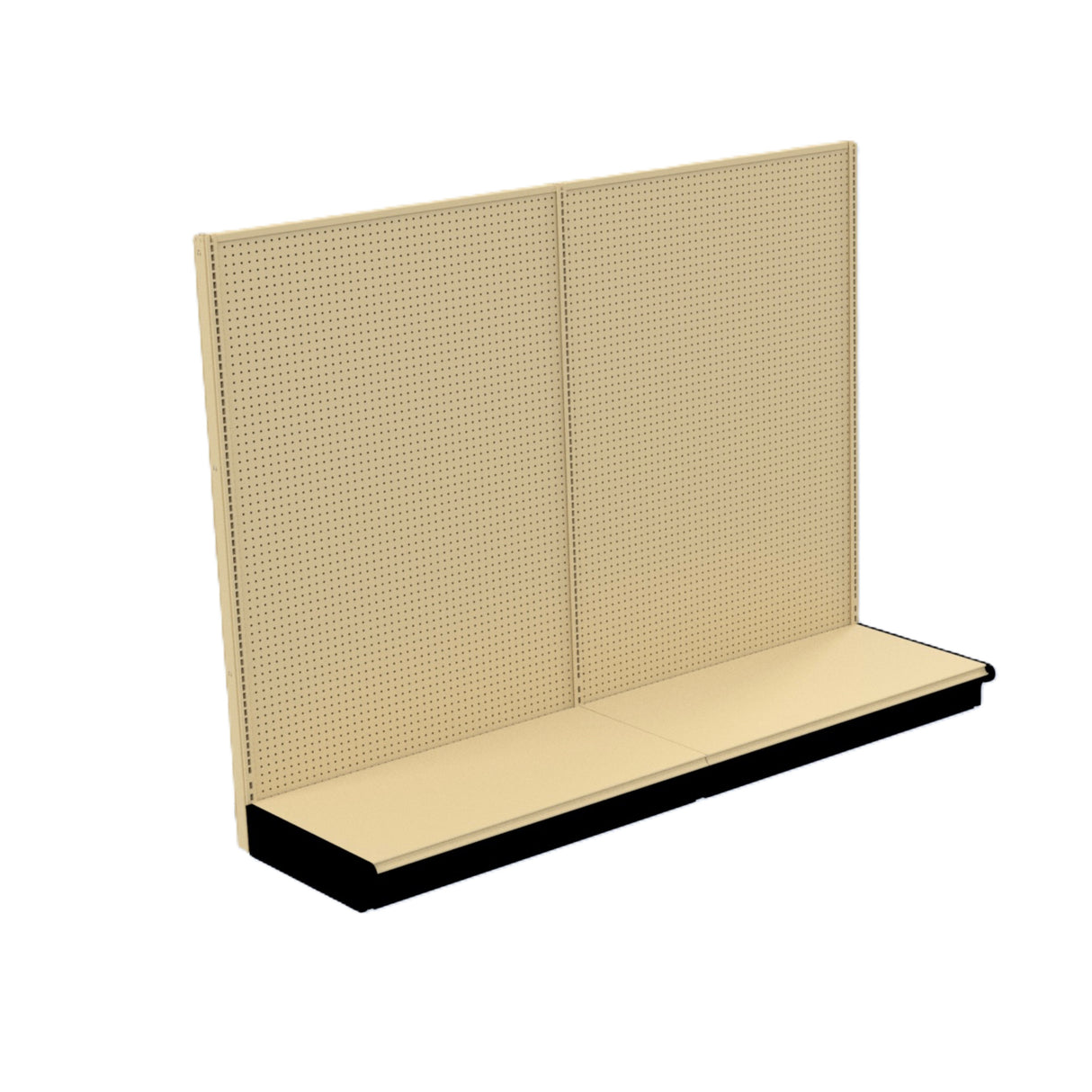 A beige metal Kent Unlimited retail gondola shelving unit with two perforated pegboard back panels and two lower shelves, viewed at an angle against a plain white background. This ivory wall unit offers versatile wall storage, ready for product display.