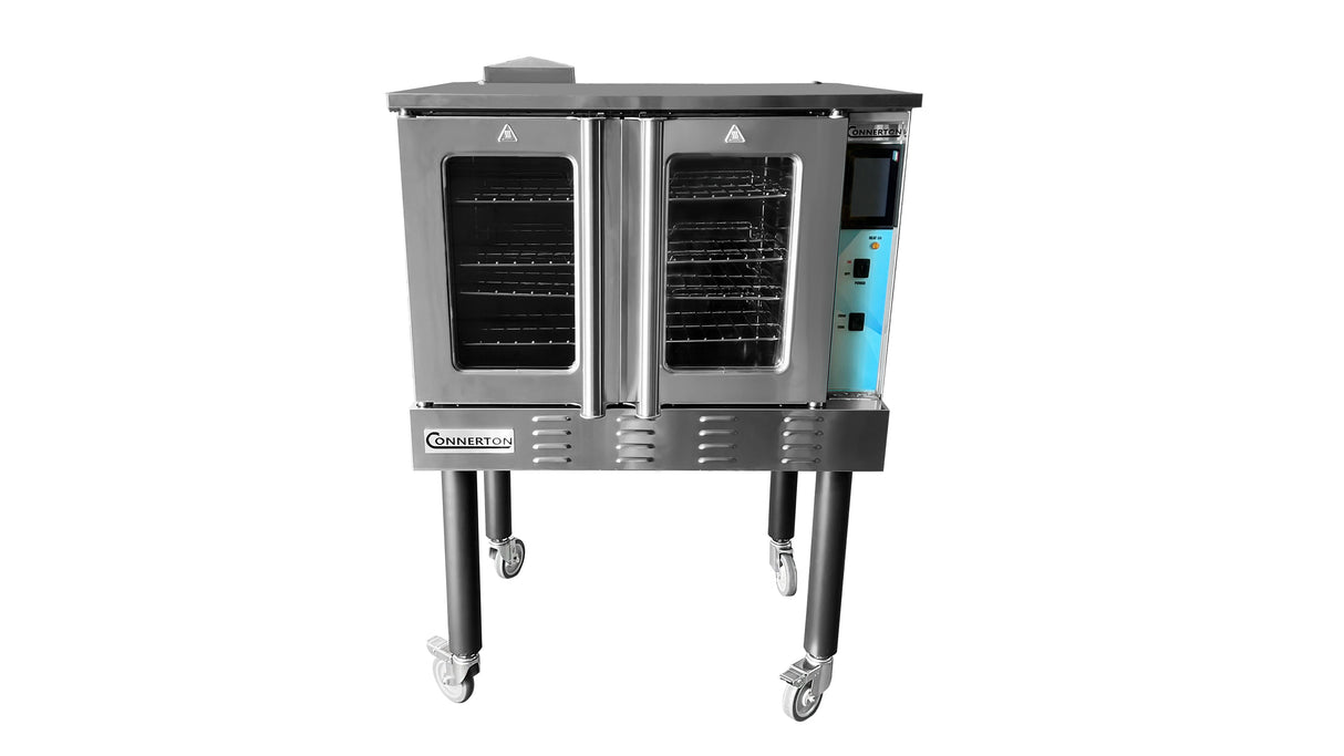 A stainless steel convection oven with two glass doors, a digital control panel on the right, multiple interior racks, and four black legs with wheels for mobility, shown against a white background.