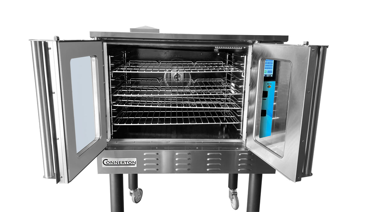 A commercial stainless steel convection oven with double doors open reveals multiple empty wire racks inside. The right door features a digital blue control panel. The ENERGY STAR convection oven stands on four wheeled legs, with Connerton visible on the front.