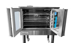 A commercial stainless steel convection oven with double doors open reveals multiple empty wire racks inside. The right door features a digital blue control panel. The ENERGY STAR convection oven stands on four wheeled legs, with Connerton visible on the front.