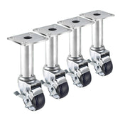 Four Krowne Silver Series metal swivel caster wheels with black grease resistant rubber tires and mounting plates are lined up in a row. Each adjustable height caster has a brake lever and is designed for attaching to furniture or equipment for mobility.