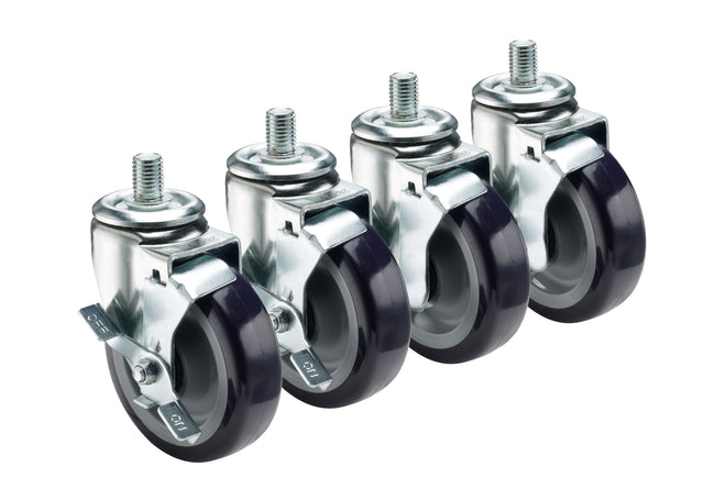 Four black and silver 5 inch caster wheels with threaded stems and built-in metal brakes, arranged in a row on a white background. These grease resistant wheels are designed for furniture or equipment and feature durable metal housings.
