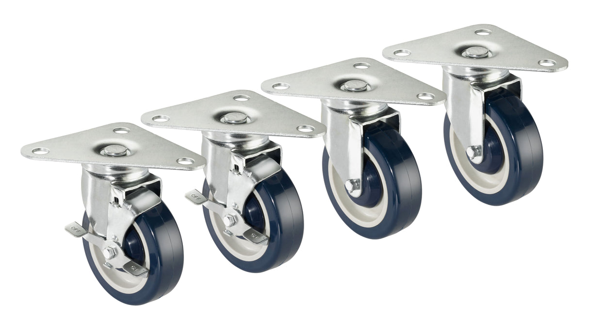 Four blue and white Heavy Duty Plate Casters with sturdy metal mounting plates are aligned in a row facing right. The grease resistant wheels each have three holes for mounting screws. The background is plain white.