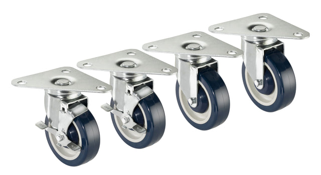 Four blue and white Heavy Duty Plate Casters with sturdy metal mounting plates are aligned in a row facing right. The grease resistant wheels each have three holes for mounting screws. The background is plain white.