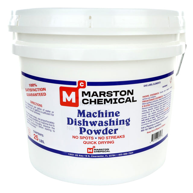 A white plastic bucket labeled Marston Chemical Machine Dishwashing Powder features red, blue, and black text. The label highlights 100% satisfaction guaranteed, quick drying action, and “no spots—No streaks.” The container holds 25 lbs of powder.
