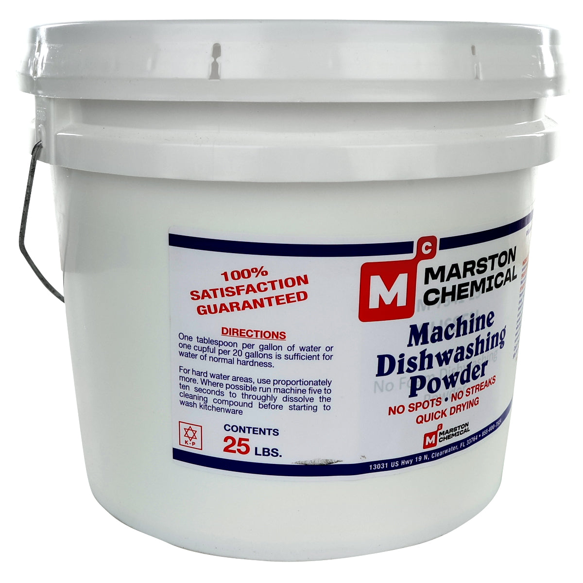 A white plastic 25 lb bucket labeled “Marston Chemical Machine Dishwashing Powder.” The label details directions, promises no spots and quick drying, and offers a 100% satisfaction guarantee. A gray handle is attached to the bucket.