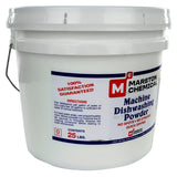 A white plastic 25 lb bucket labeled “Marston Chemical Machine Dishwashing Powder.” The label details directions, promises no spots and quick drying, and offers a 100% satisfaction guarantee. A gray handle is attached to the bucket.