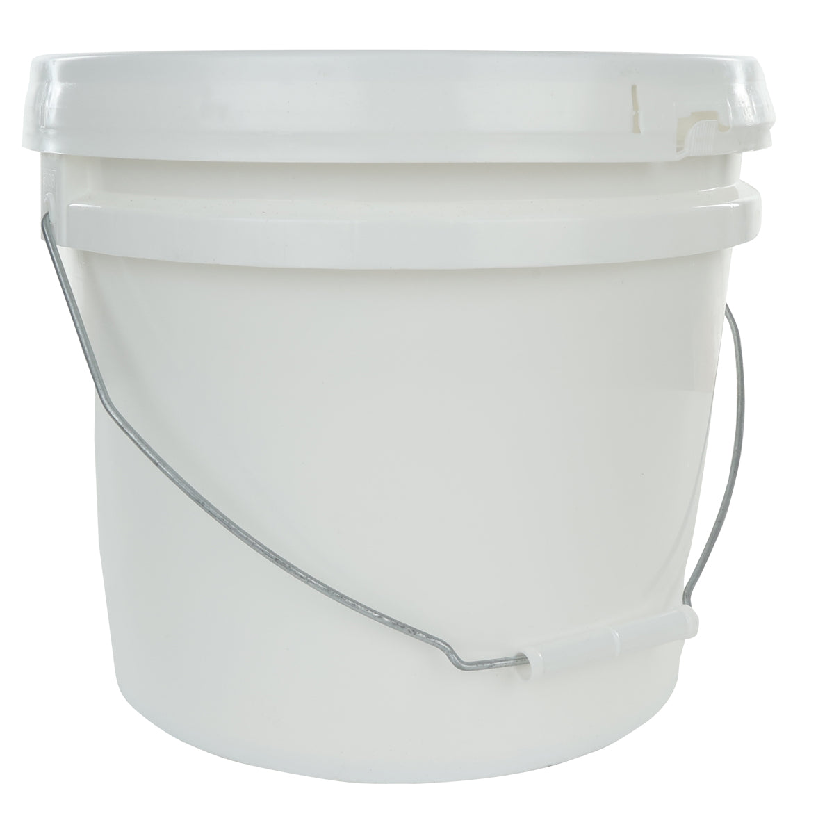 A plain white plastic bucket with a matching snap-on lid and a metal handle featuring a white plastic grip, ideal for storing Machine Dishwashing Powder. Set against a white background, the empty bucket is shown in a simple, well-lit product shot.