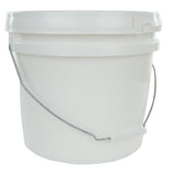 A plain white plastic bucket with a matching snap-on lid and a metal handle featuring a white plastic grip, ideal for storing Machine Dishwashing Powder. Set against a white background, the empty bucket is shown in a simple, well-lit product shot.