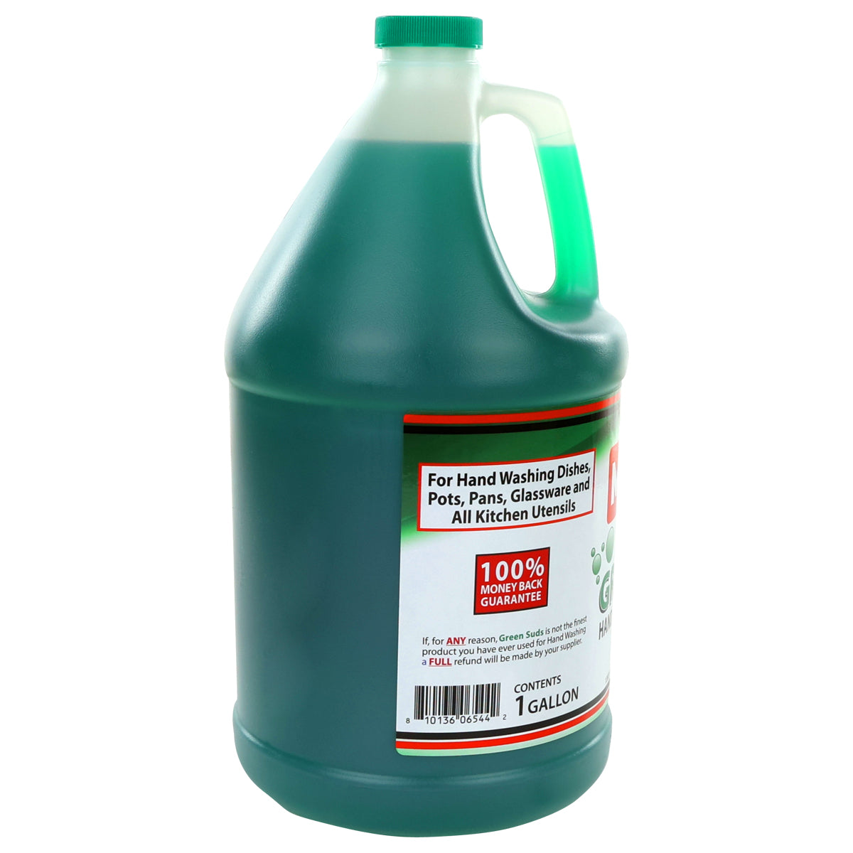 A large, translucent plastic jug with a handle contains Green Suds Detergent, a green liquid dish soap. The label highlights it's tough on grease, ideal for hand washing dishes, and offers a 100% money-back guarantee for its 1-gallon size.