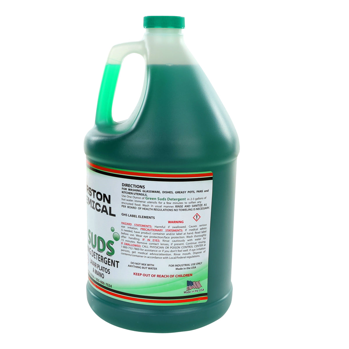 A large, green plastic gallon jug with a handle contains Green Suds Detergent, tough on grease and perfect for hand washing dishes. The translucent jug displays dark green liquid inside, and the ribbed cap makes opening easy.