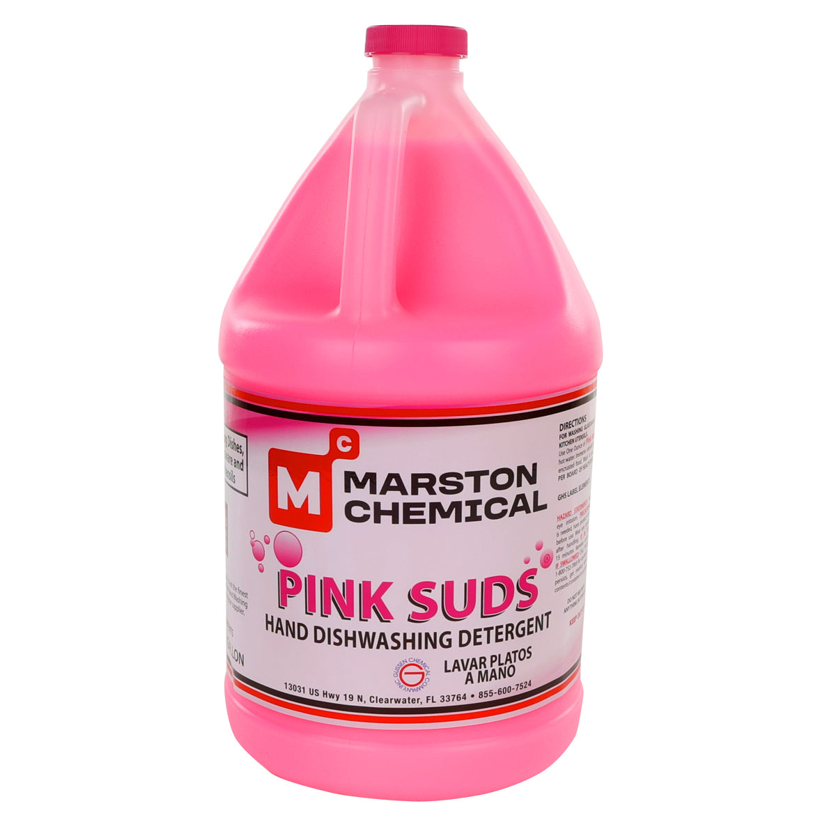 A gallon-sized plastic jug filled with bright pink liquid labeled “Marston Chemical PINK SUDS Hand Dishwashing Detergent”—a manual dishwashing detergent for hand washing dishes, featuring text in English and Spanish. Jug includes a handle and screw-on cap.