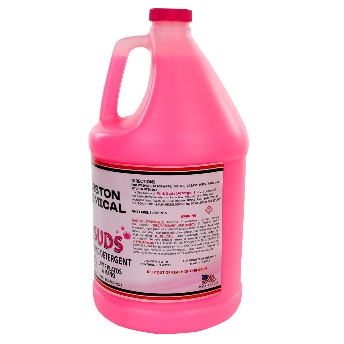 A large one-gallon jug of Pink Suds Detergent, a pink manual dishwashing detergent with a handle and screw cap. The front label reads Pink Suds Dish Detergent and provides directions, warnings, and hazard information in black and red text.