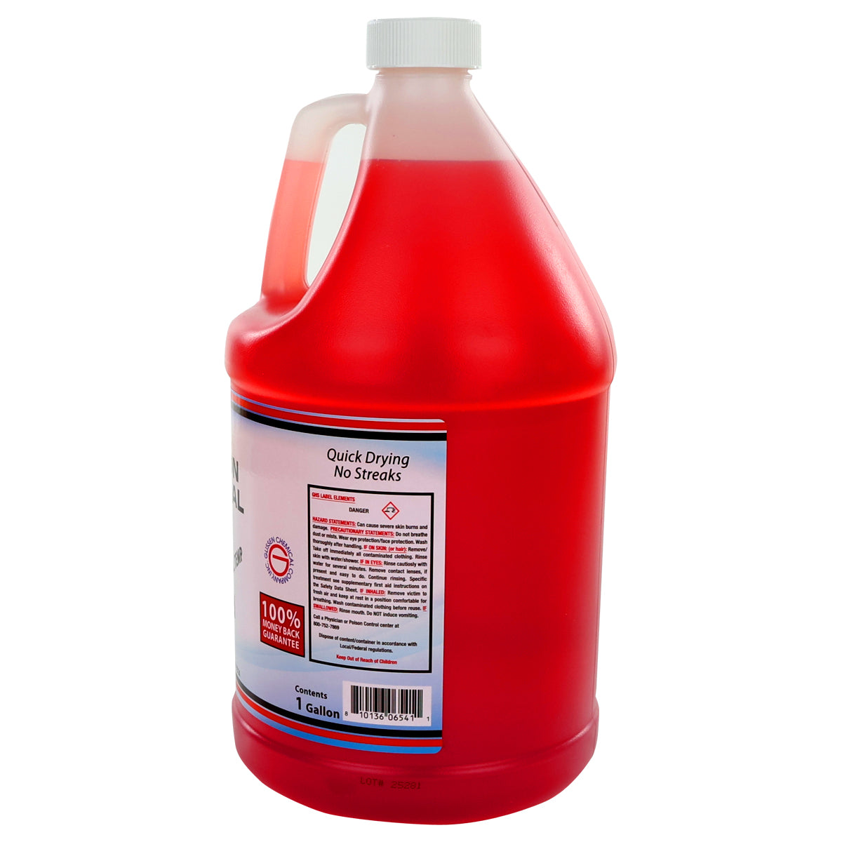 A large, transparent plastic gallon jug of premium machine detergent with a white cap, filled with bright red liquid. The label features “Quick Drying No Streaks” and other details; the container is slightly turned to show both label sides.