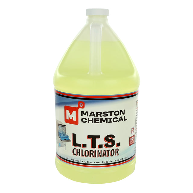A large plastic gallon jug filled with yellow liquid, labeled Marston Chemical L.T.S. Chlorinator. The label highlights a red and white logo, company details, and a graphic of a pool with a chlorine feeder for hygienically clean water.