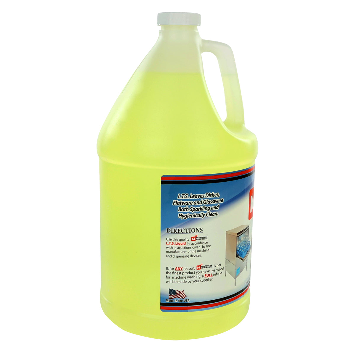 A large, transparent plastic gallon jug filled with yellow liquid. The jug has a white screw cap and handle. The label, in red, blue, and white, features a dishwasher image and promotes hygienically clean results with Low Temp Sanitizer.