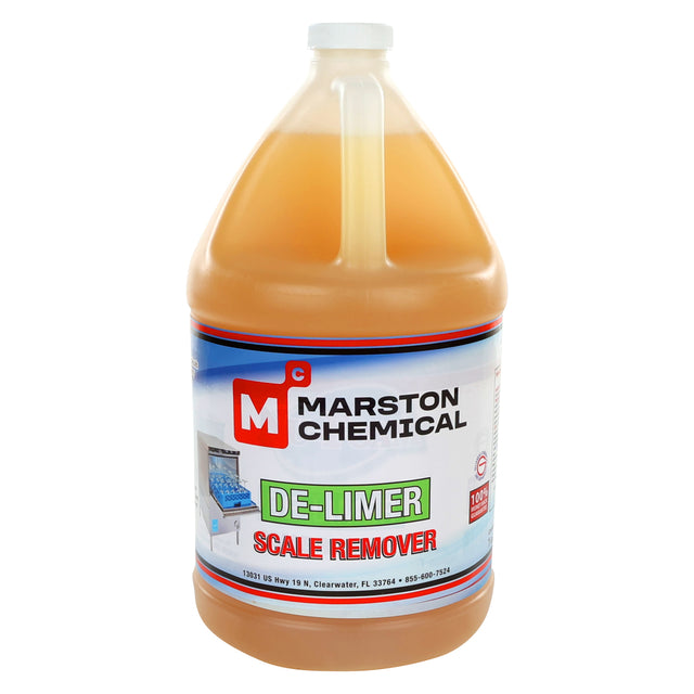 A large, clear plastic gallon jug filled with orange-brown liquid labeled “Marston Chemical Delimer Scale Remover.” The label features a warewashing machine and product details in blue, red, and green text. The jug has a white screw cap.