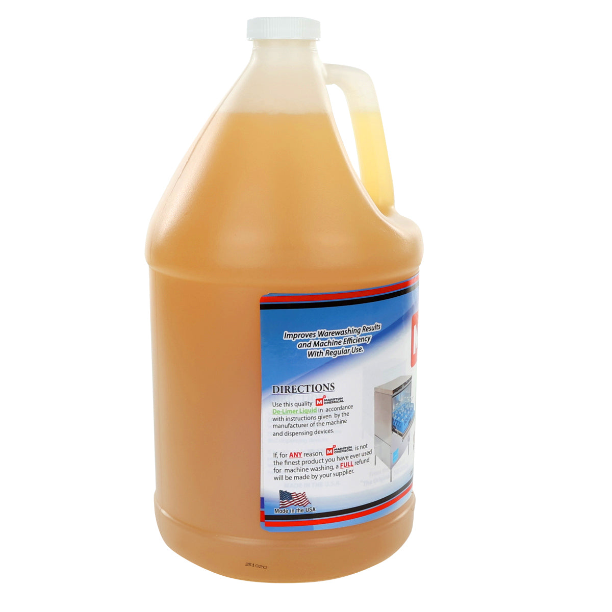 A large, translucent plastic jug with a handle and white cap, filled with light brown Delimer liquid. The label features usage directions, an image of a washing machine, blue and red text, and an American flag in the bottom left corner.