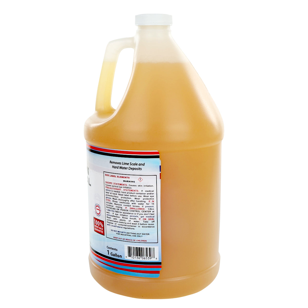 A large, translucent plastic jug filled with yellow Delimer liquid. The jug has a white screw cap, a handle, and a label with directions for use as a scale remover in warewashing. The 1-gallon container’s brand name isn’t clearly visible.
