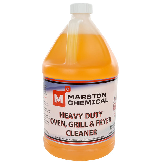 A large, transparent plastic jug filled with orange liquid labeled “Marston Chemical Heavy Duty Oven, Grill & Fryer Cleaner”—a powerful commercial oven cleaner and grease remover. The bottle has a white cap and company info at the bottom.