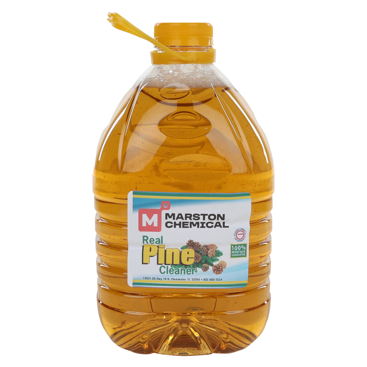 A large, clear plastic jug filled with yellow liquid and labeled Marston Chemical Real Pine Cleaner—a multi-purpose cleaner made with all natural pine oil. The label features pine cones, pine needles, and a yellow pull-tab cap. 100% real pine.