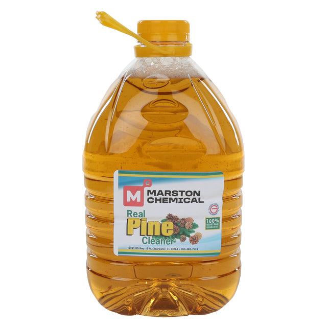 A large, clear plastic jug filled with yellow liquid and labeled Marston Chemical Real Pine Cleaner—a multi-purpose cleaner made with all natural pine oil. The label features pine cones, pine needles, and a yellow pull-tab cap. 100% real pine.